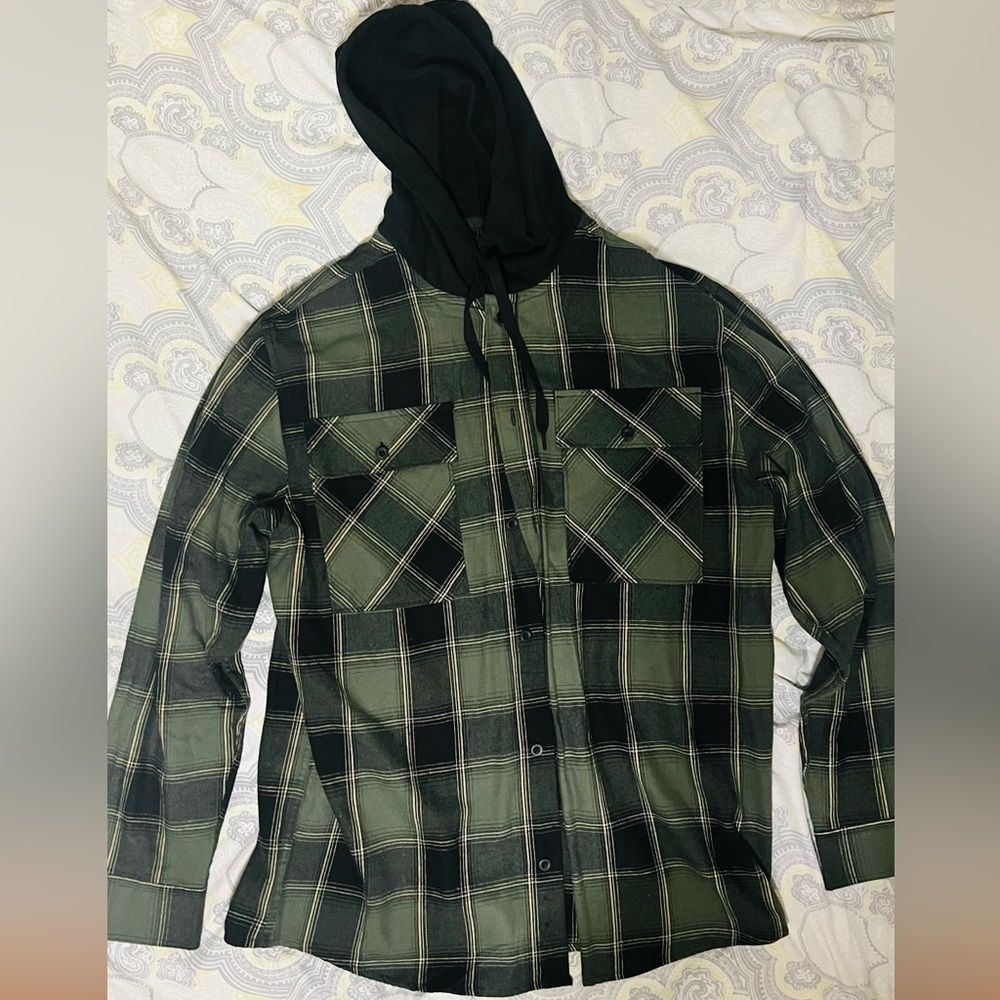 No Boundaries Green and Black Hooded Flannel